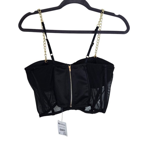 Black Chain-Strap Bustier Top With Mesh & Gold Zipper Accent - Picture 5 of 8